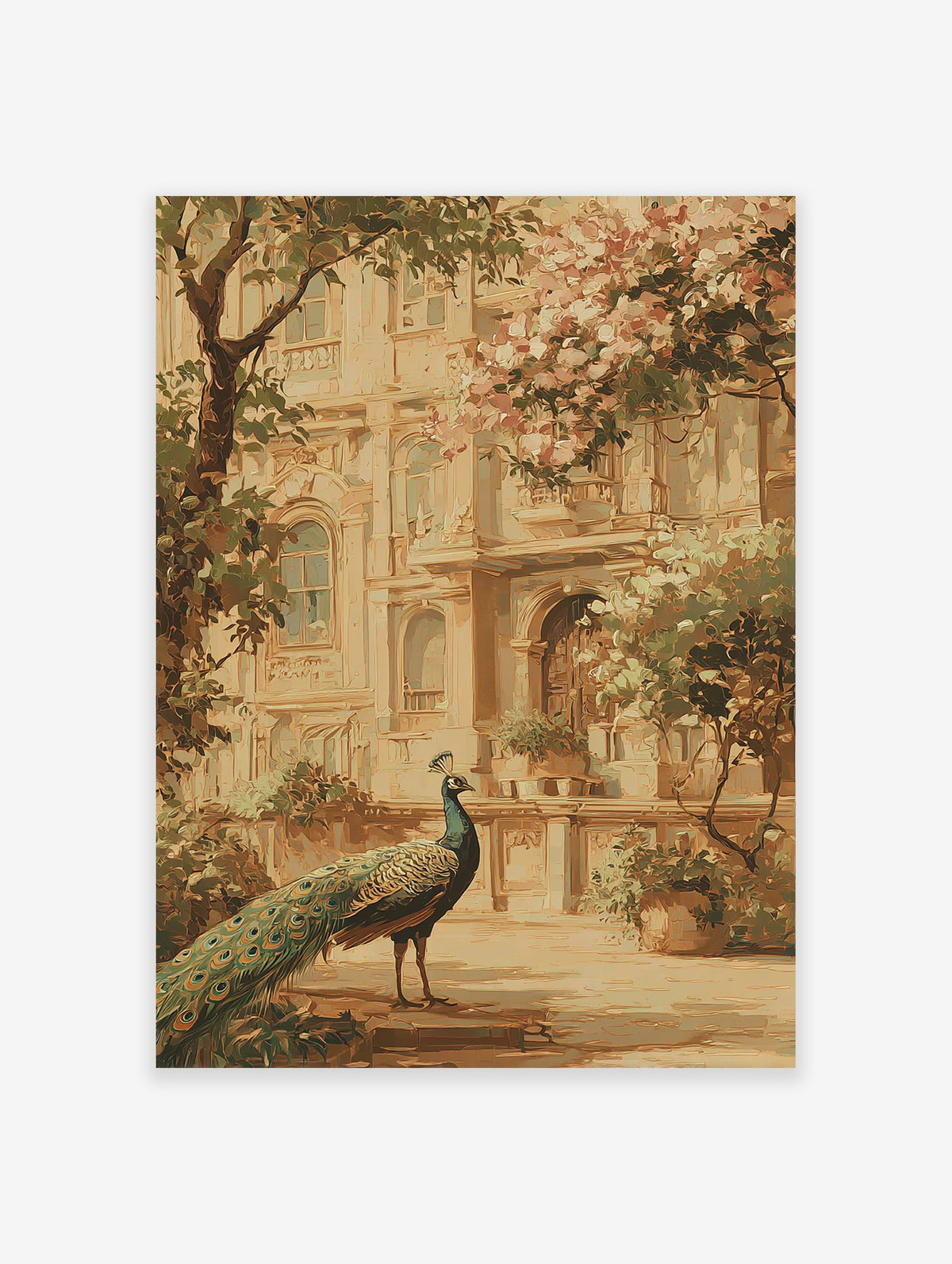 Elegant peacock wall art illustration with a long tail in front of a classical building with trees and pink flowers.