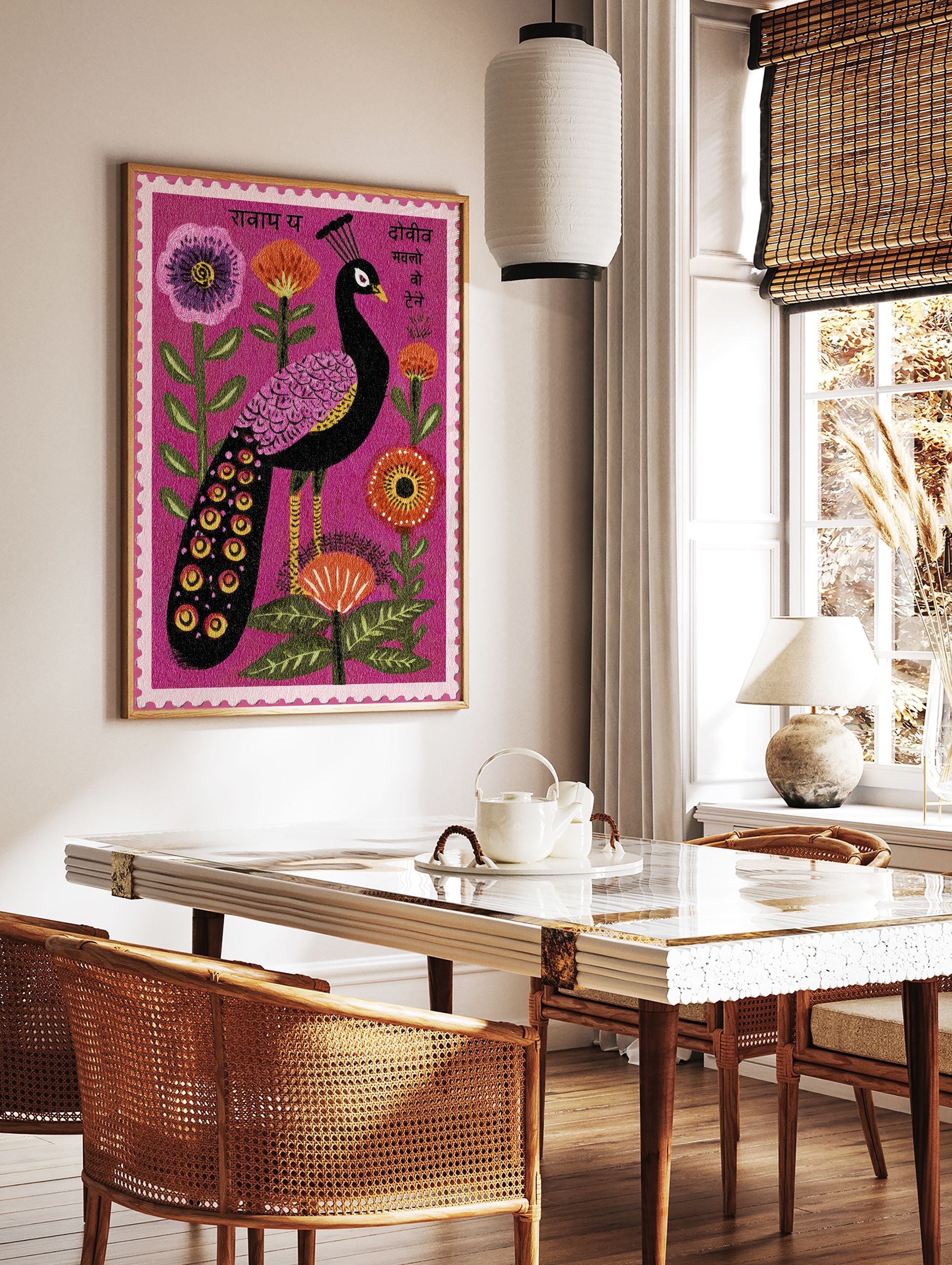 Vibrant folk art Peacock Wall Art print on a pink background with purple, orange, and red flowers. - Image 3