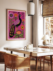 Vibrant folk art Peacock Wall Art print on a pink background with purple, orange, and red flowers. - Image 3