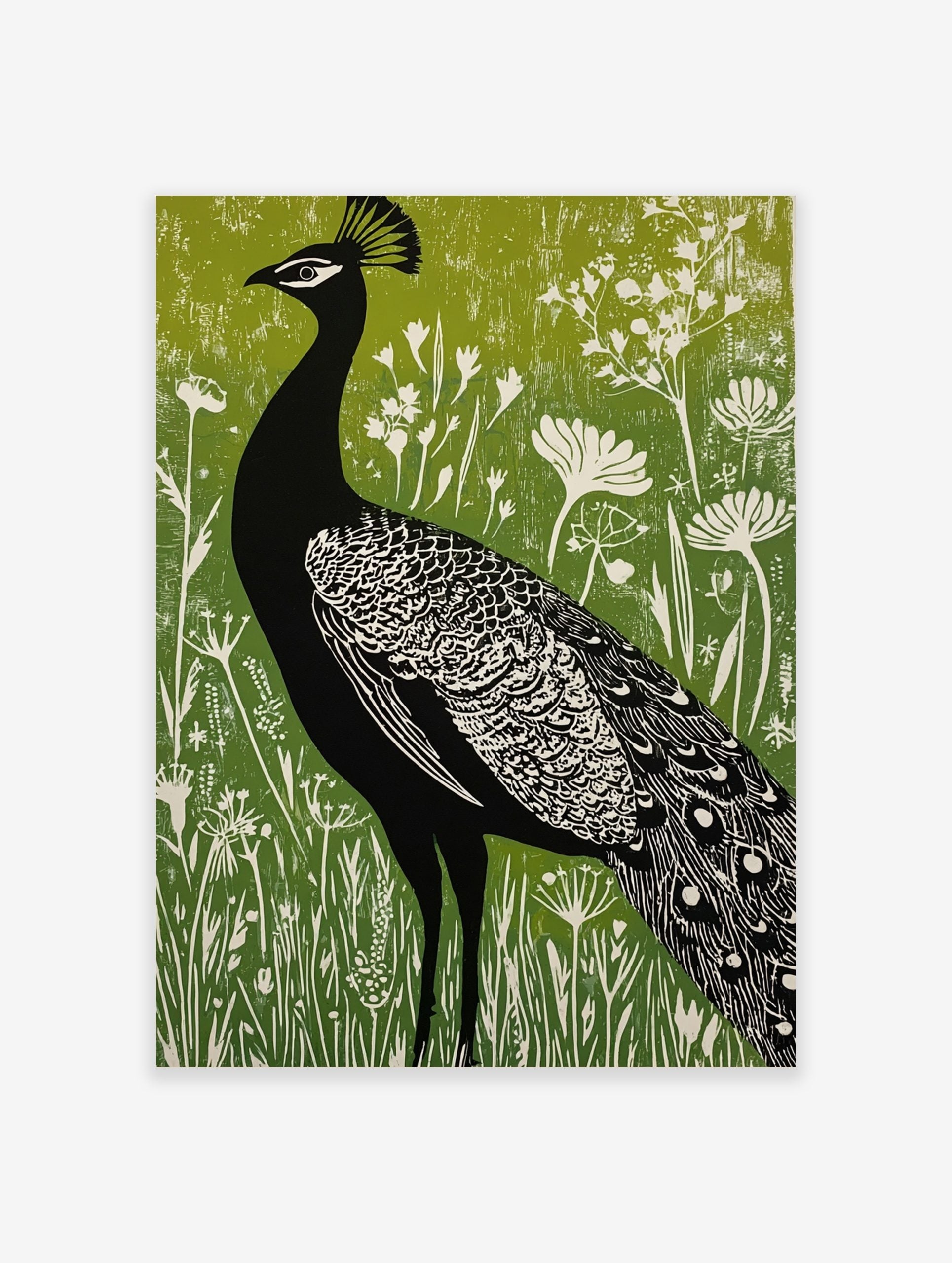 Black peacock silhouette with white details against a vibrant green textured background with white botanical foliage