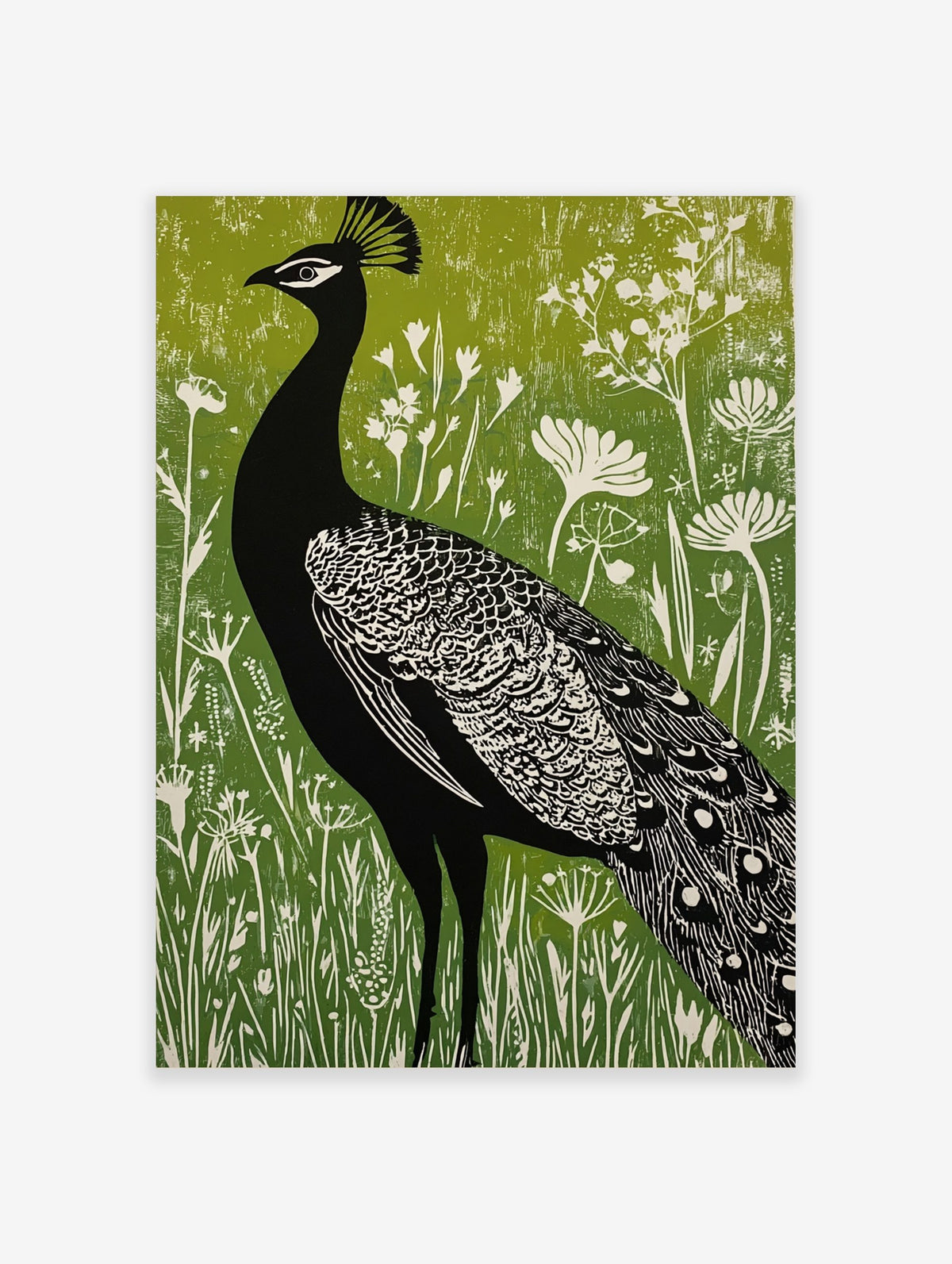Black peacock silhouette with white details against a vibrant green textured background with white botanical foliage