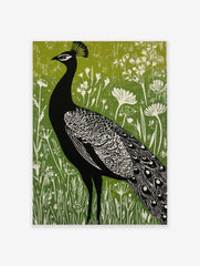 Black peacock silhouette with white details against a vibrant green textured background with white botanical foliage