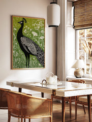Black peacock silhouette with white details against a vibrant green textured background with white, in a styled room mockup