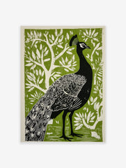 Black peacock with detailed feathers and head crest against a vibrant green stylised tree background