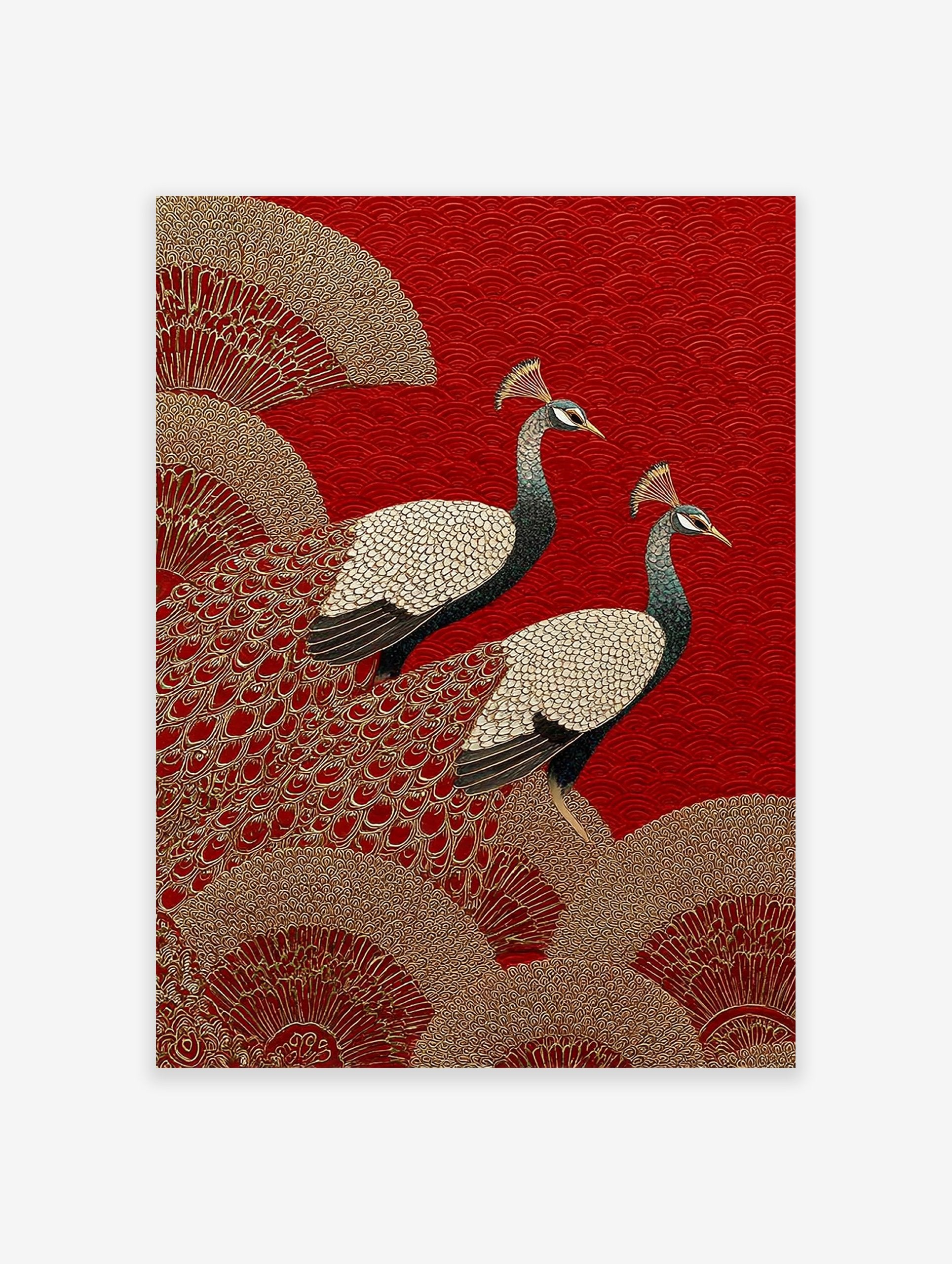 Poster of two majestic peacocks on a red background with gold Japanese fan patterns and wave motifs.