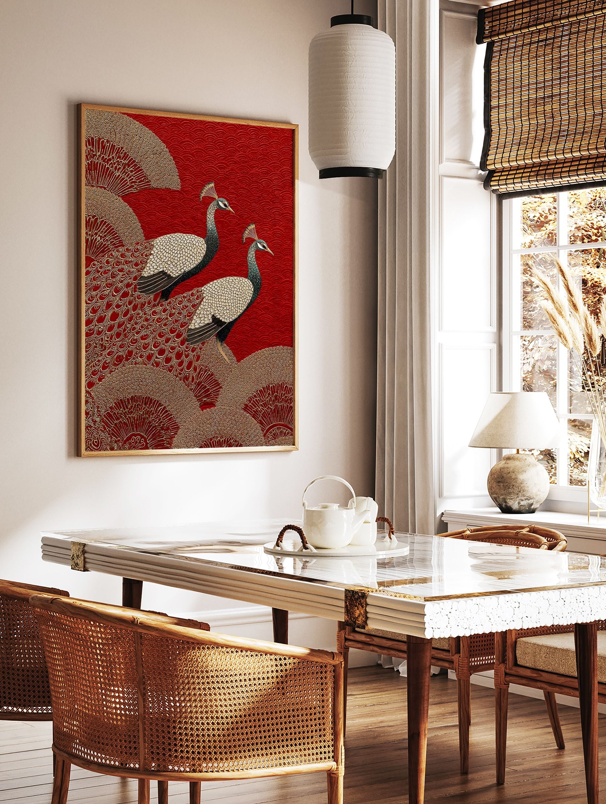 Poster of two majestic peacocks on a red background with gold Japanese fan patterns and wave motifs. - Image 2