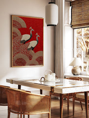 Poster of two majestic peacocks on a red background with gold Japanese fan patterns and wave motifs. - Image 2