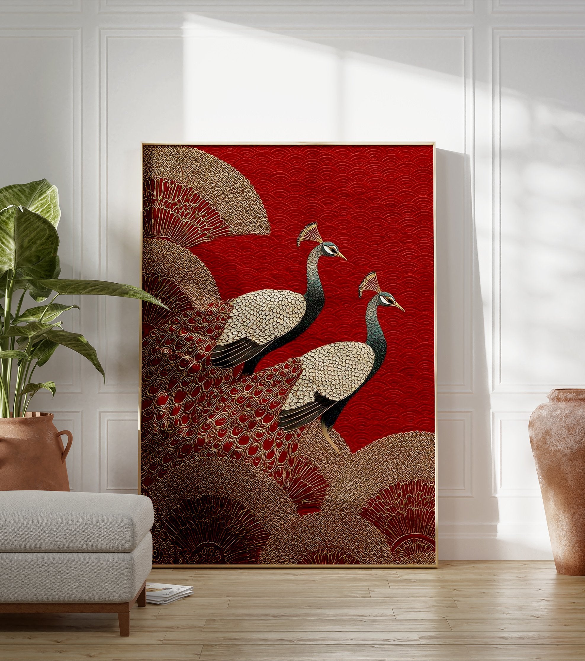 Poster of two majestic peacocks on a red background with gold Japanese fan patterns and wave motifs. - Image 3