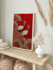 Poster of two majestic peacocks on a red background with gold Japanese fan patterns and wave motifs. - Image 4