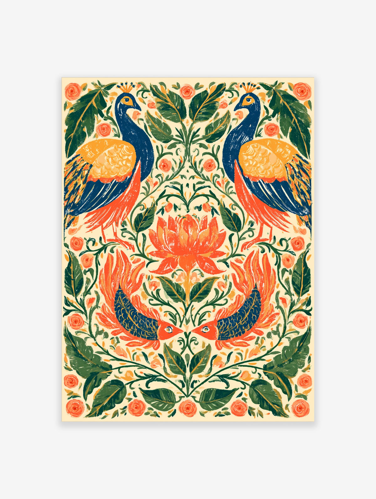 Symmetrical peacock wall art print with blue birds, orange lotus flower, and green foliage on cream background