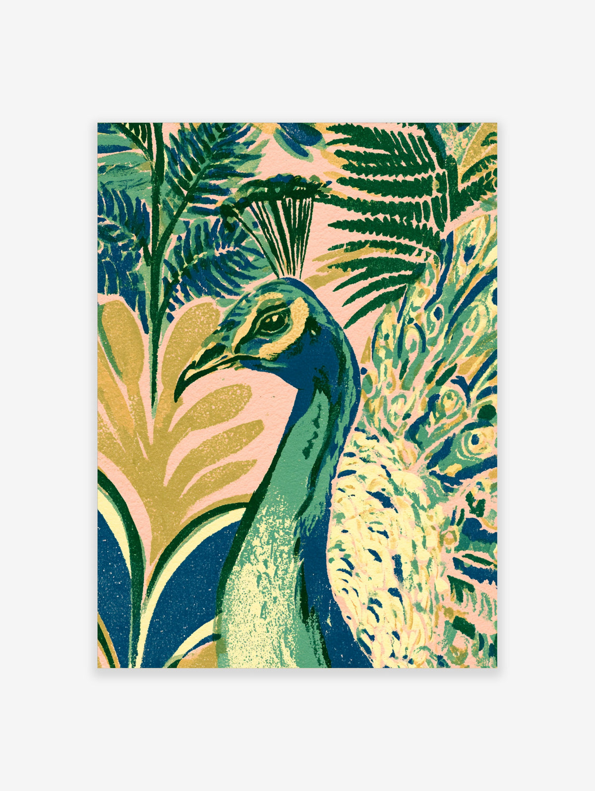 Peacock bird art print with blue and green jungle leaves on pastel pink background