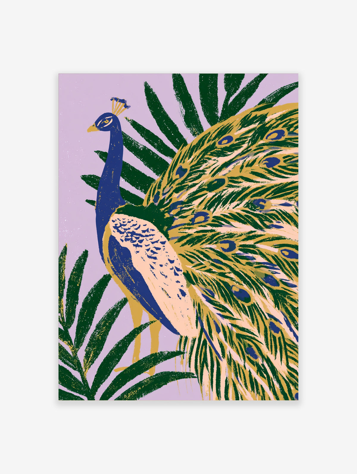 Blue peacock with gold and green tail feathers standing among dark palm leaves on a lilac background