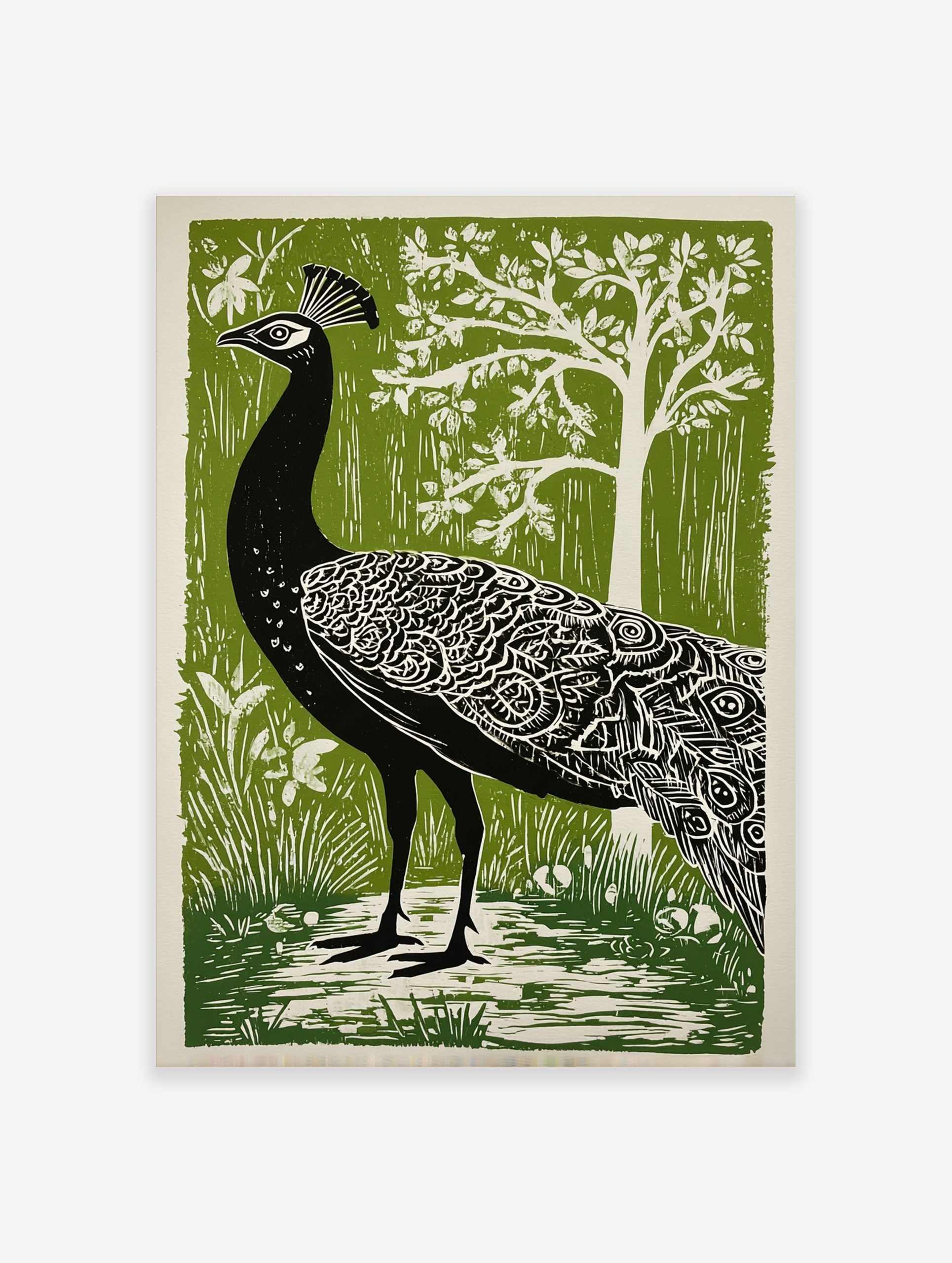 Illustrative black peacock in profile with white feather patterns against a green forest background print