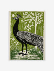 Black peacock with white feather details, green forest background, white tree, illustrative print