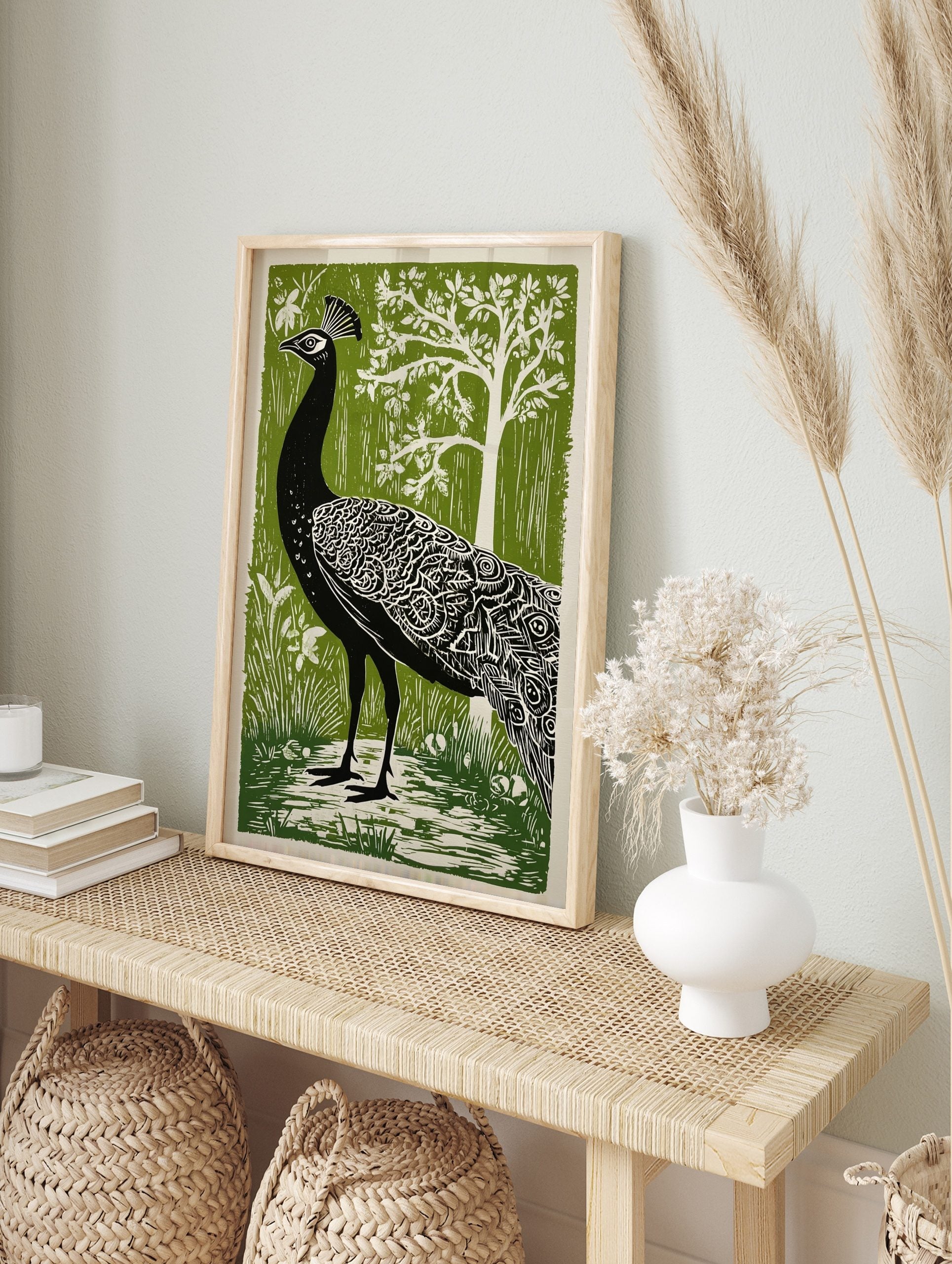 Black peacock with white feather details, green forest background, white tree, illustrative, in an alternate framed mockup