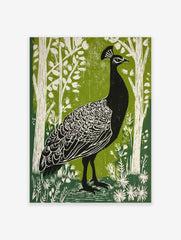 Black peacock with white feather details in green woodland linocut style print