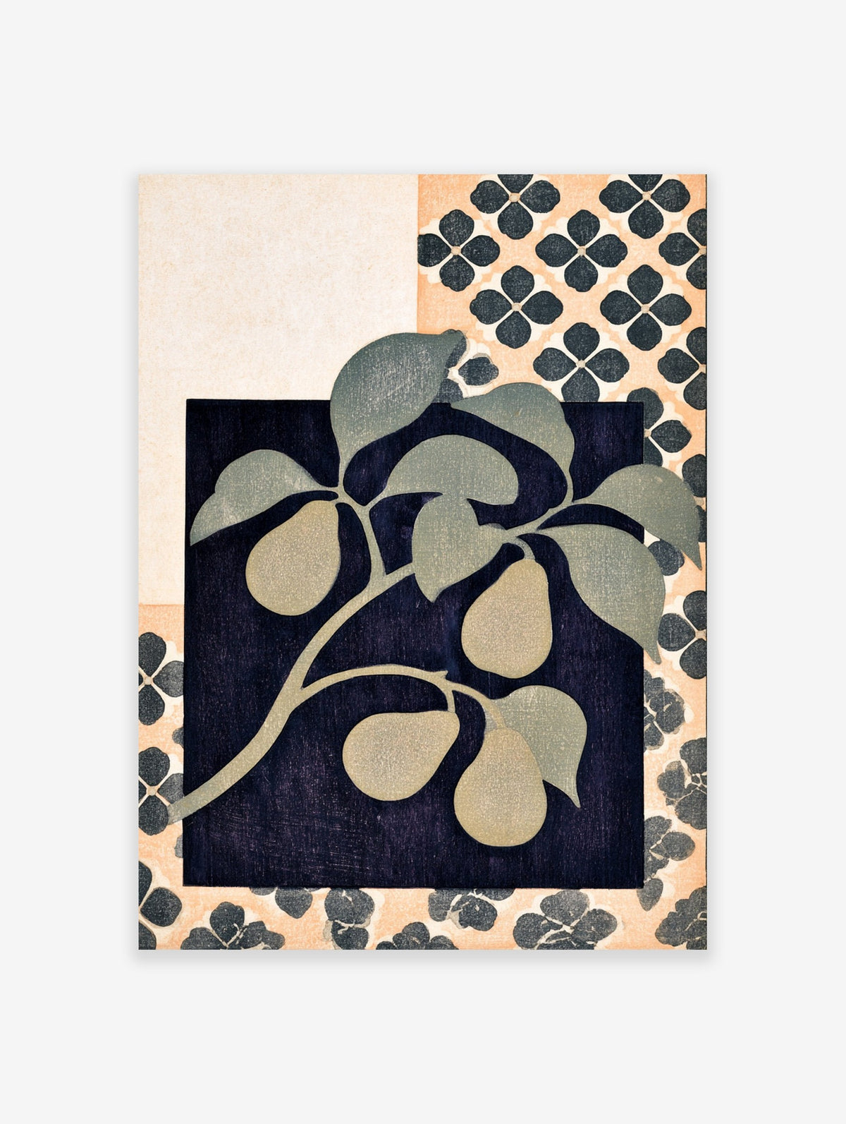 Botanical illustration of a pear branch on a dark indigo square with a repeating floral background pattern