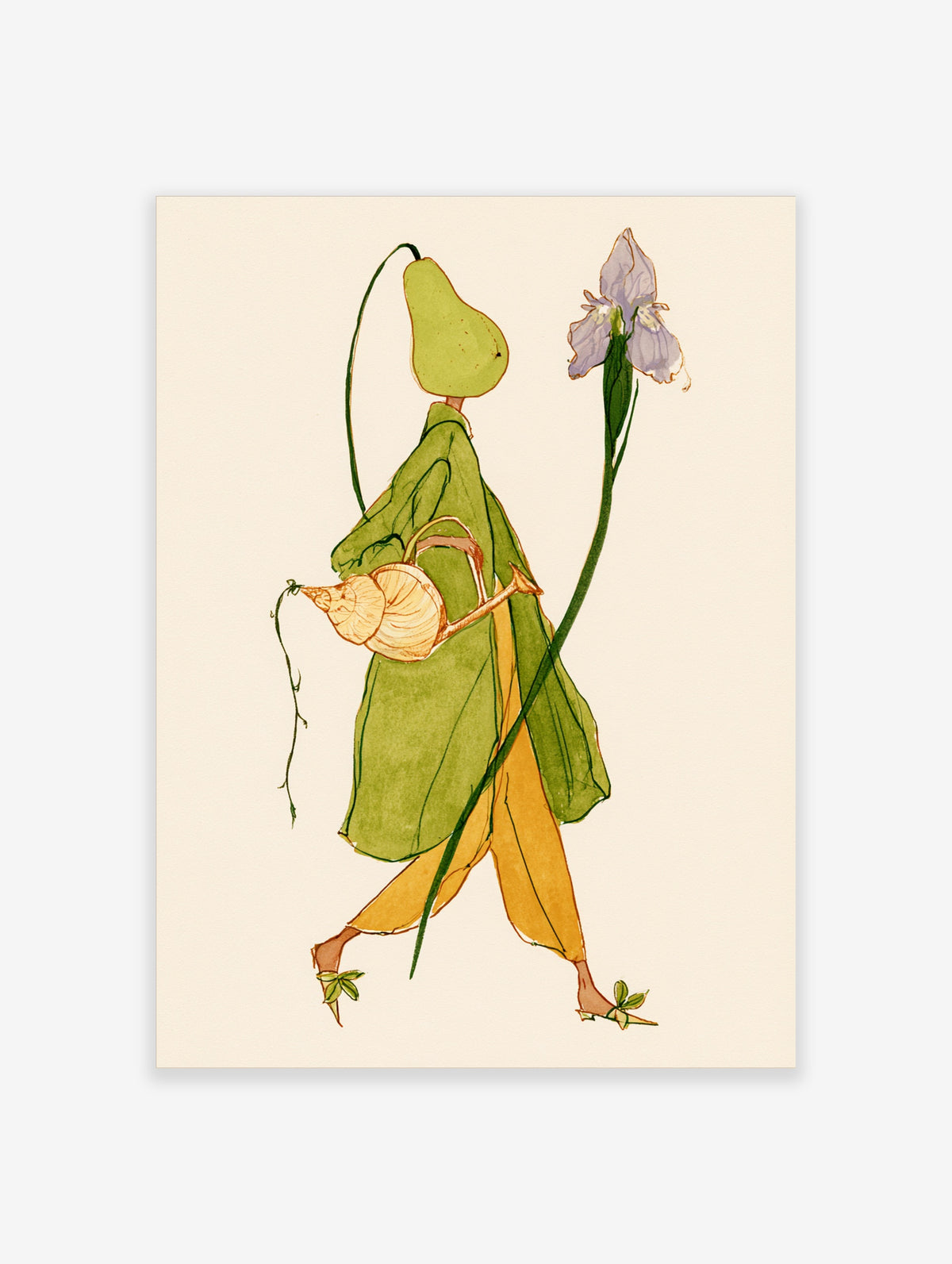 Surreal illustration of a figure with a green pear head holding a shell horn and purple iris stem