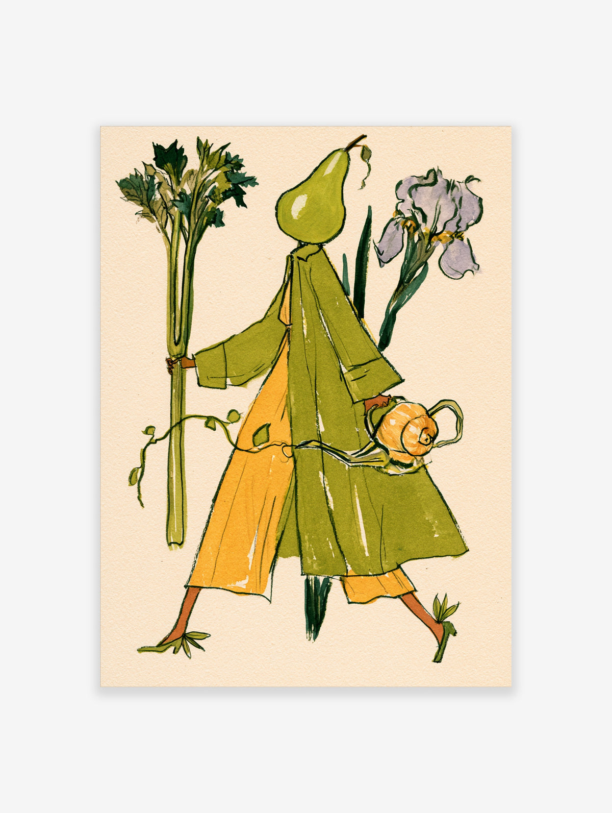 Surreal illustration of a pear-headed figure in a green coat holding celery and an onion bag, with a purple iris