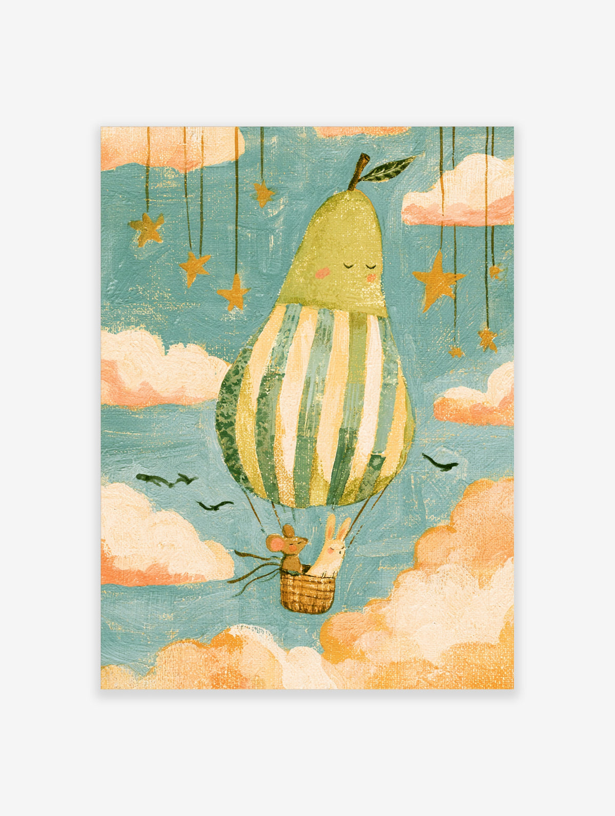 Whimsical pear hot air balloon with mouse and rabbit in basket, pastel clouds and hanging stars