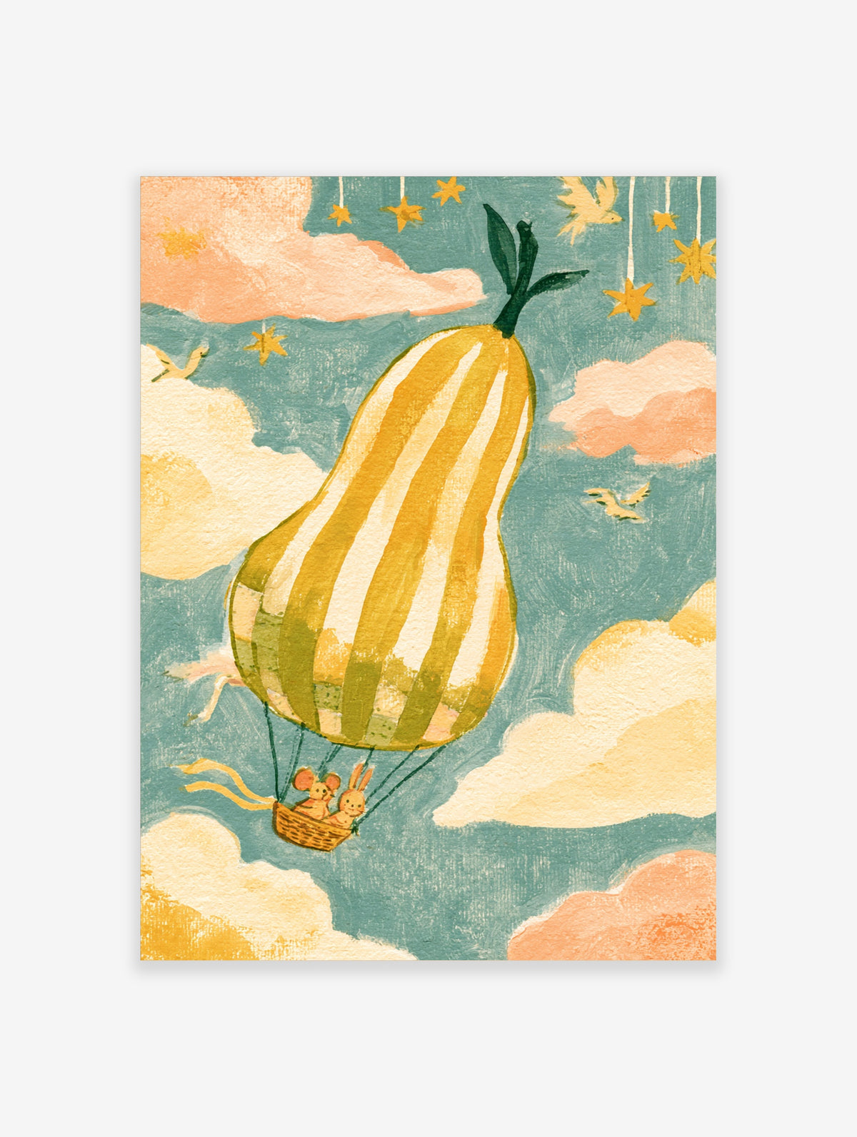 Pear-shaped hot air balloon with mouse and rabbit in basket, pastel clouds and stars, illustrated poster