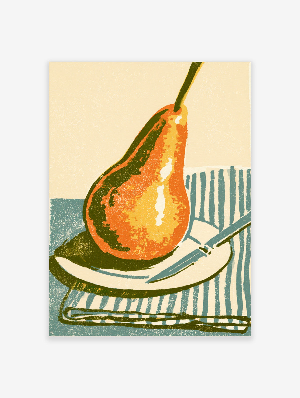 Pear still life poster with orange pear on white plate, knife, and blue striped cloth