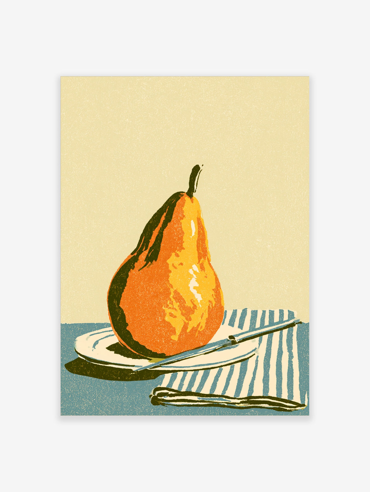 Pear still life poster with orange fruit, silver knife, white plate and blue striped napkin on cream background