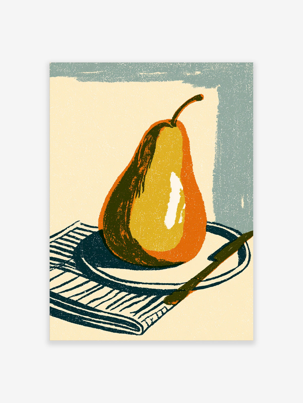 Pear still life poster with yellow and orange pear on blue plate, striped cloth and knife