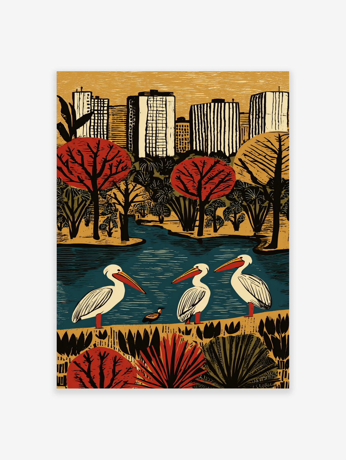 Pelican bird poster with three white pelicans by a blue lake, red trees and city skyline