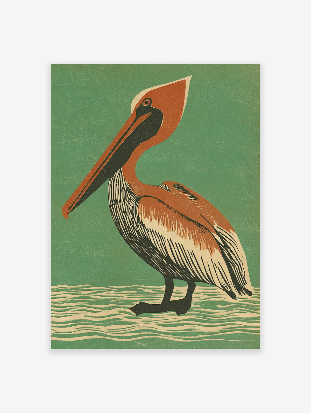 Brown pelican standing in water, orange and black on green, coastal bird art print