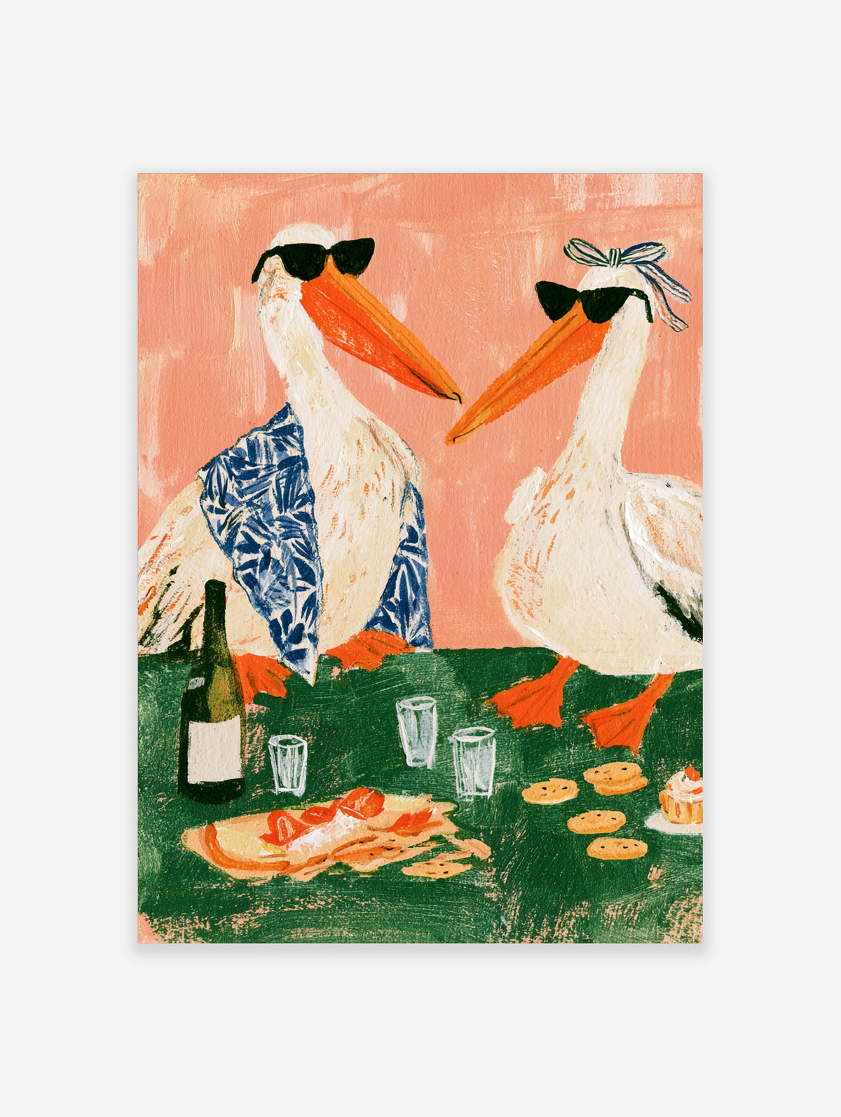 Quirky pelican poster with two birds in sunglasses, one in a blue shirt, at a table with wine and snacks