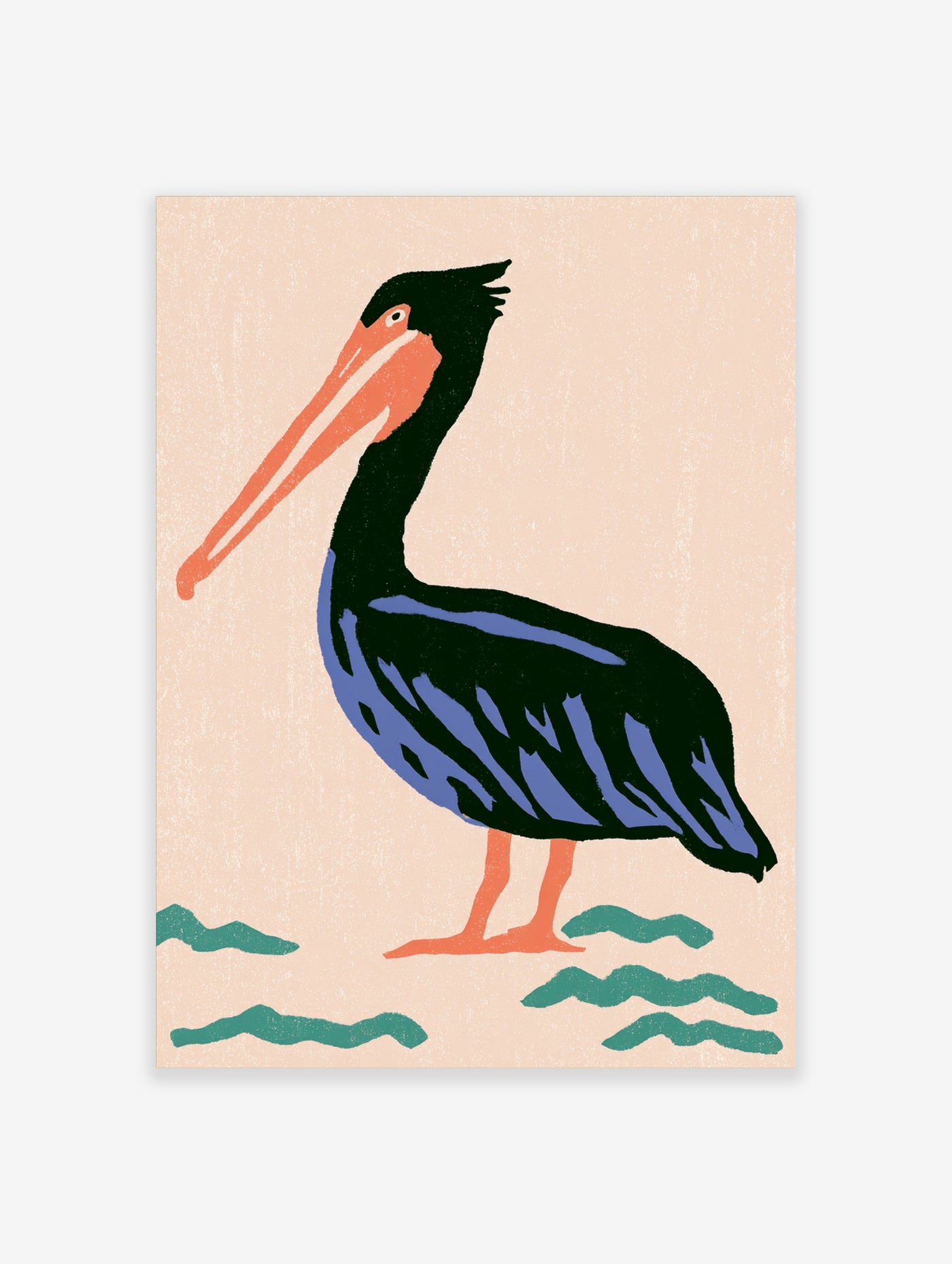 Pelican illustration with black and blue plumage, orange beak, and teal waves on beige background