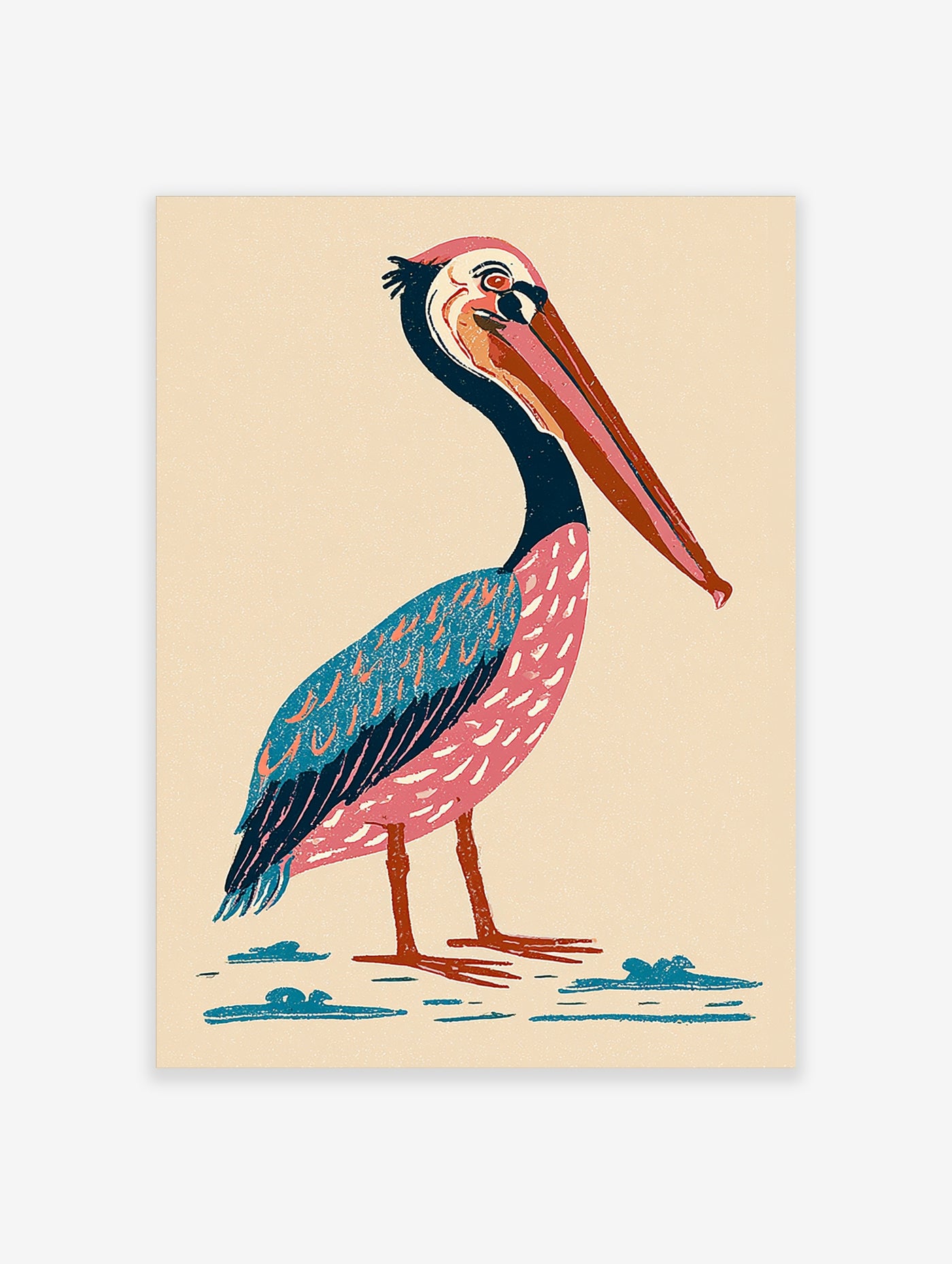 Colourful pelican illustration with pink body, teal wing, and orange beak on beige background, standing on blue water