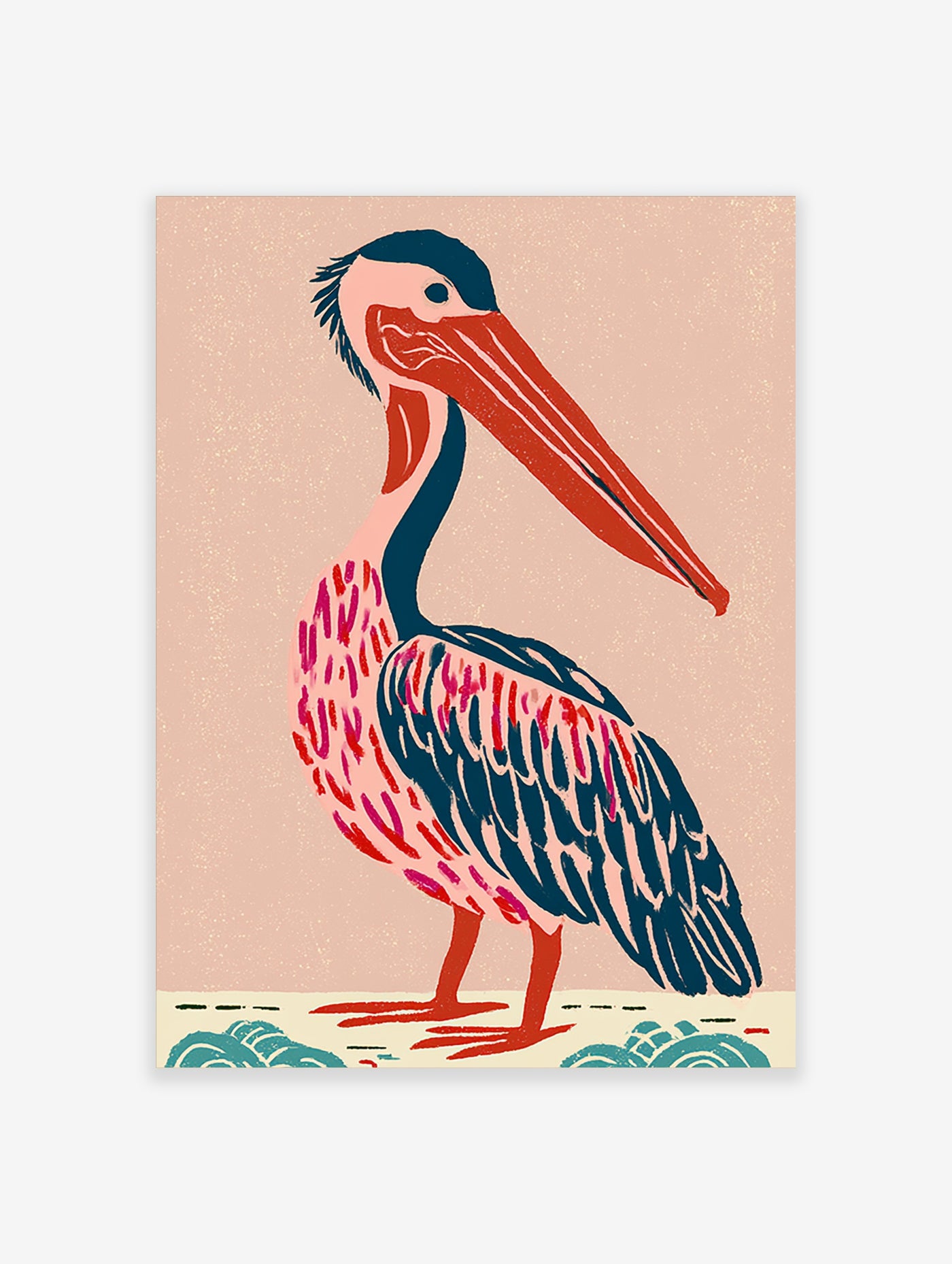 Pelican wall art with red beak, teal head, pink feather markings, beige background, modern illustration print