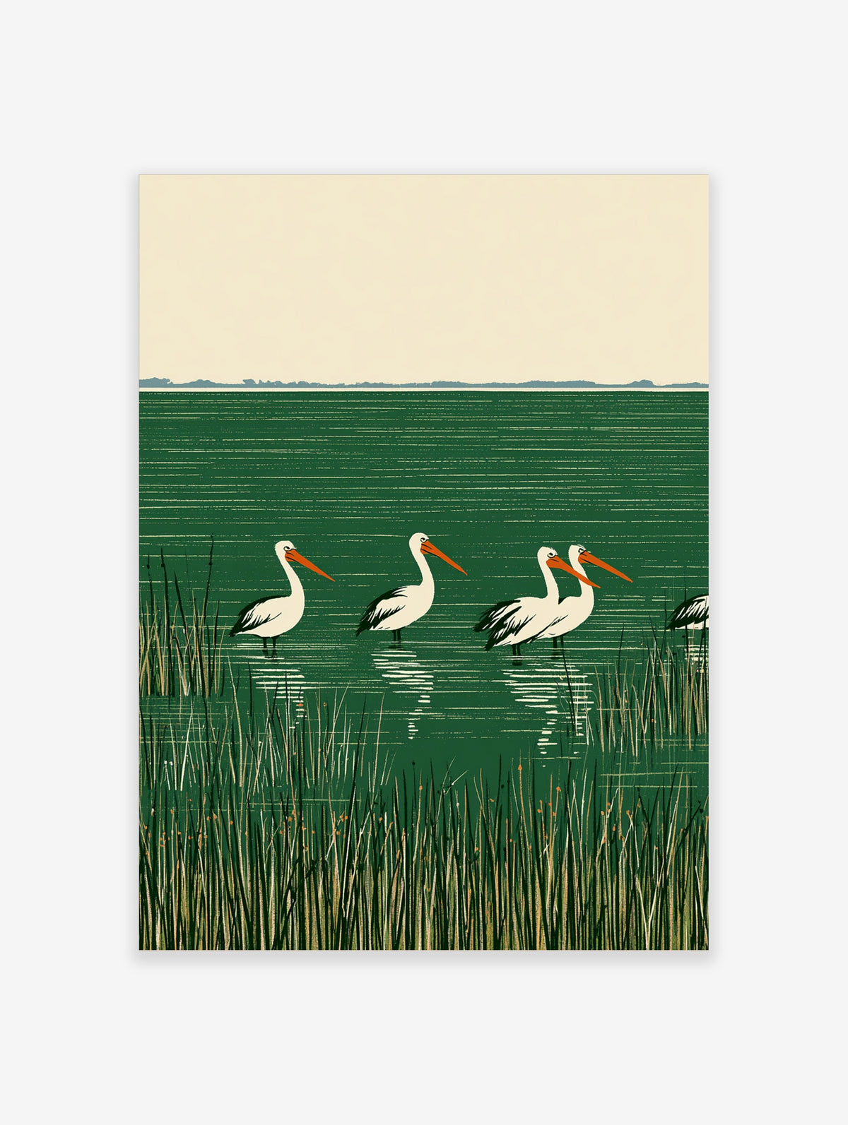Four white pelicans with orange bills standing in green wetland water among tall reeds, illustrative poster