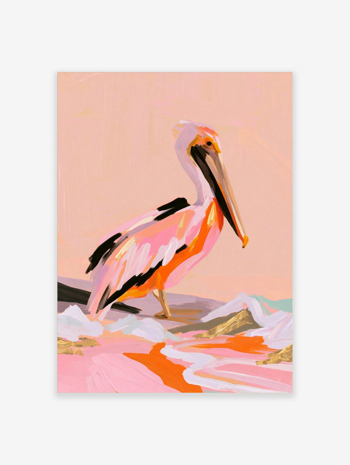 Pelican wall art print with pink, orange, and white plumage and black wings on peach background