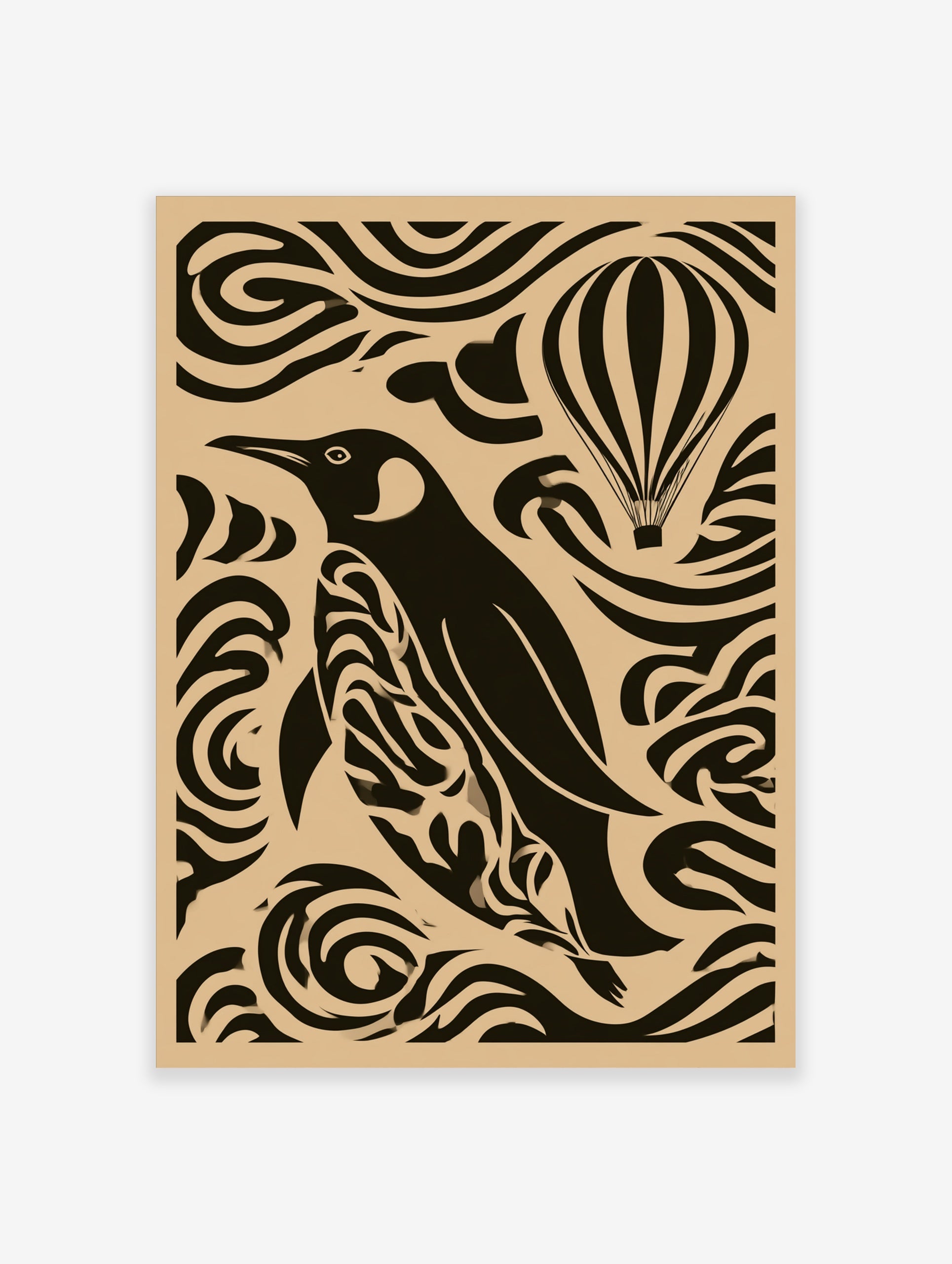 Stylized penguin and hot air balloon graphic art print with swirling patterns on a tan background
