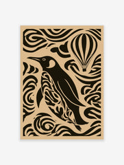 Stylized penguin and hot air balloon graphic art print with swirling patterns on a tan background
