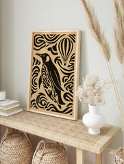 Stylized penguin and hot air balloon graphic art print with swirling patterns on a tan, in an alternate framed mockup