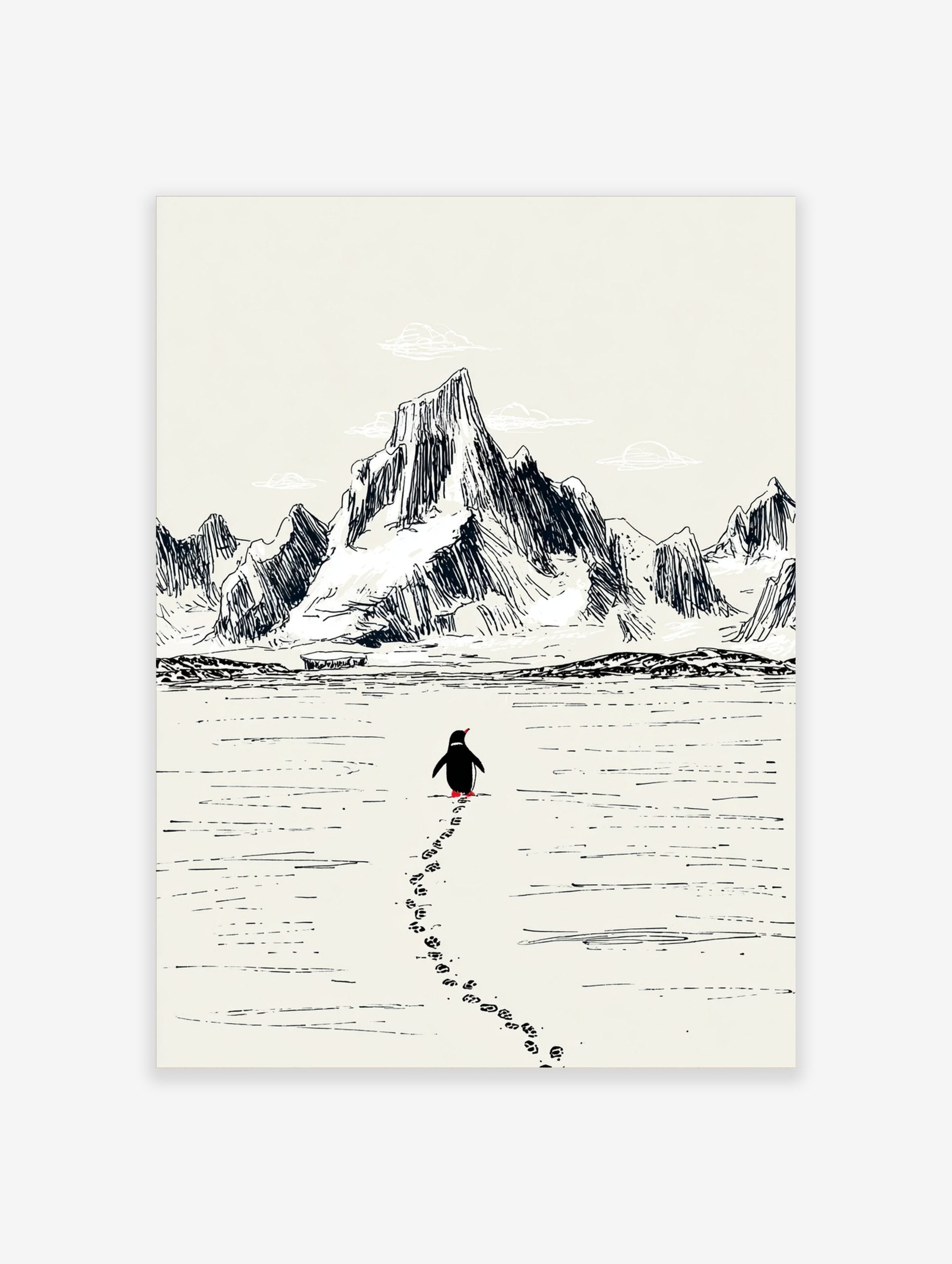 Sketch illustration of a penguin walking on ice, leaving footprints, with large mountains in the background