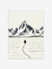 Sketch illustration of a penguin walking on ice, leaving footprints, with large mountains in the background
