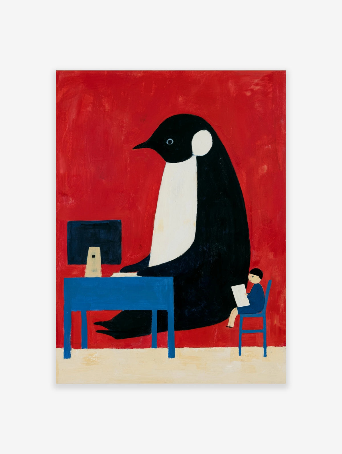 Illustration of a giant penguin at a blue computer desk with a small human reading a paper against a red background