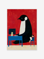 Illustration of a giant penguin at a blue computer desk with a small human reading a paper against a red background