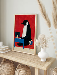 Illustration of a giant penguin at a blue computer desk with a small human reading a paper, in an alternate framed mockup