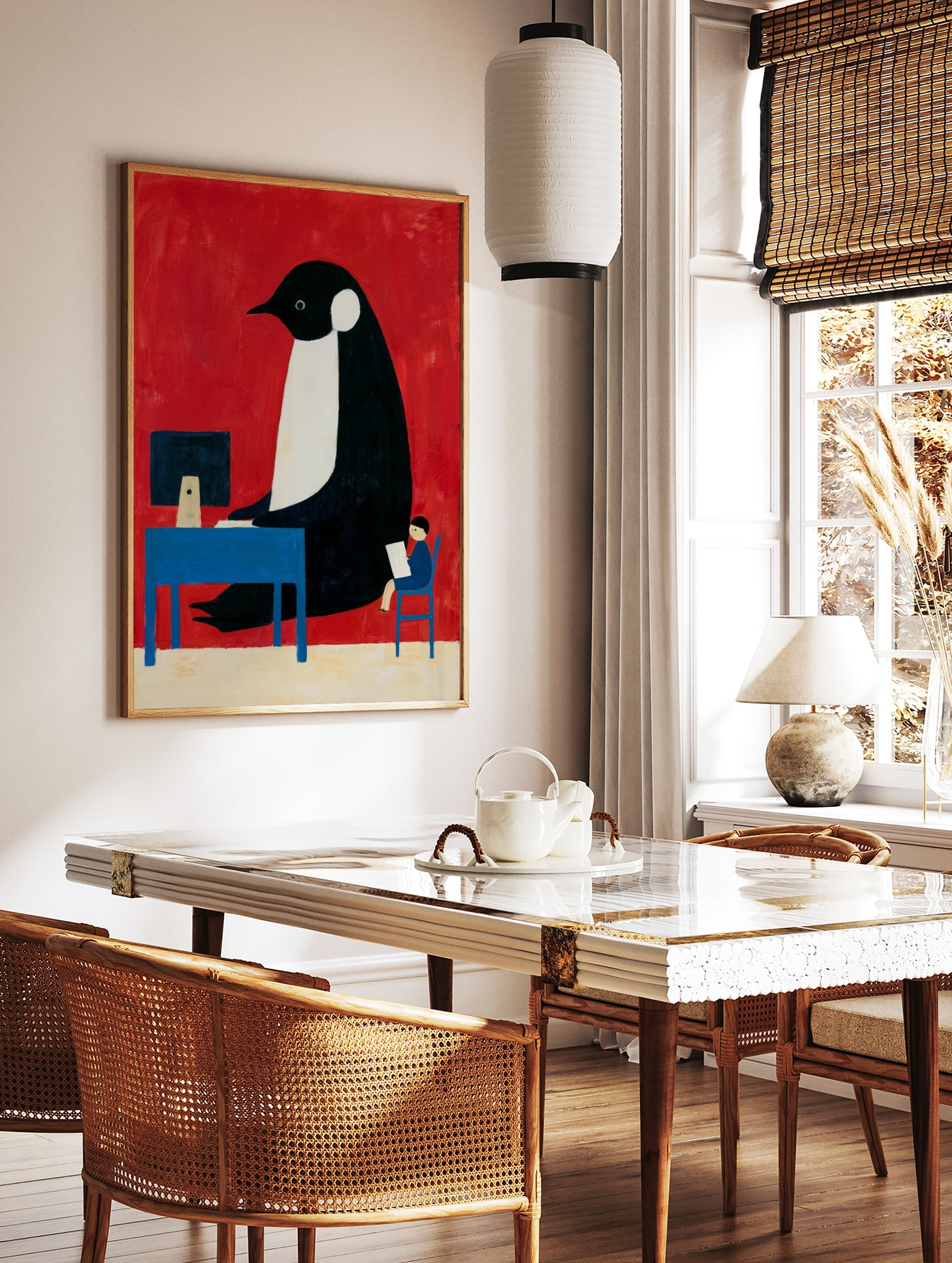 Illustration of a giant penguin at a blue computer desk with a small human reading a paper against, in a styled room mockup