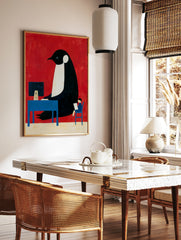 Illustration of a giant penguin at a blue computer desk with a small human reading a paper against, in a styled room mockup