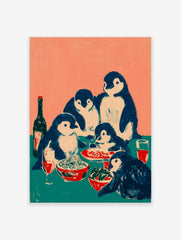 Illustrative print of five penguins having a family dinner with spaghetti, salad, and red drinks on a teal table