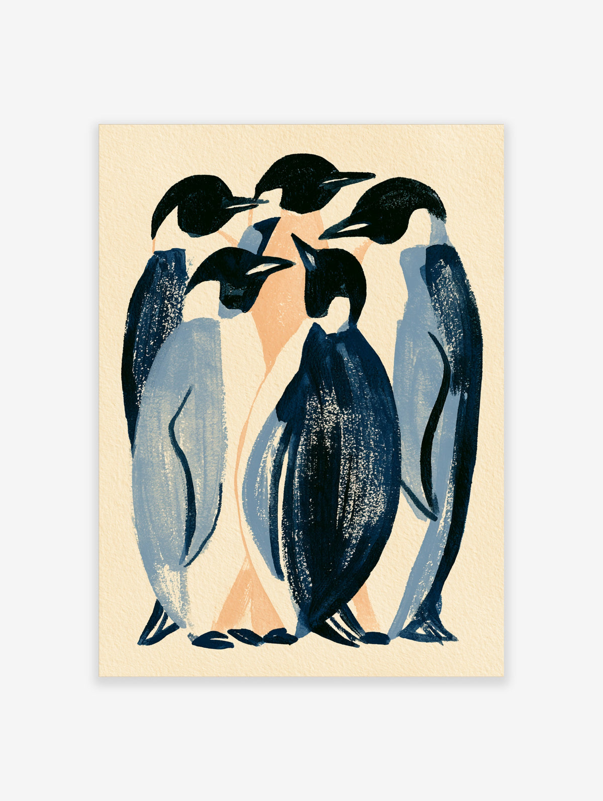 Five penguins huddled together in navy, blue, and peach on a cream background, animal wall art print