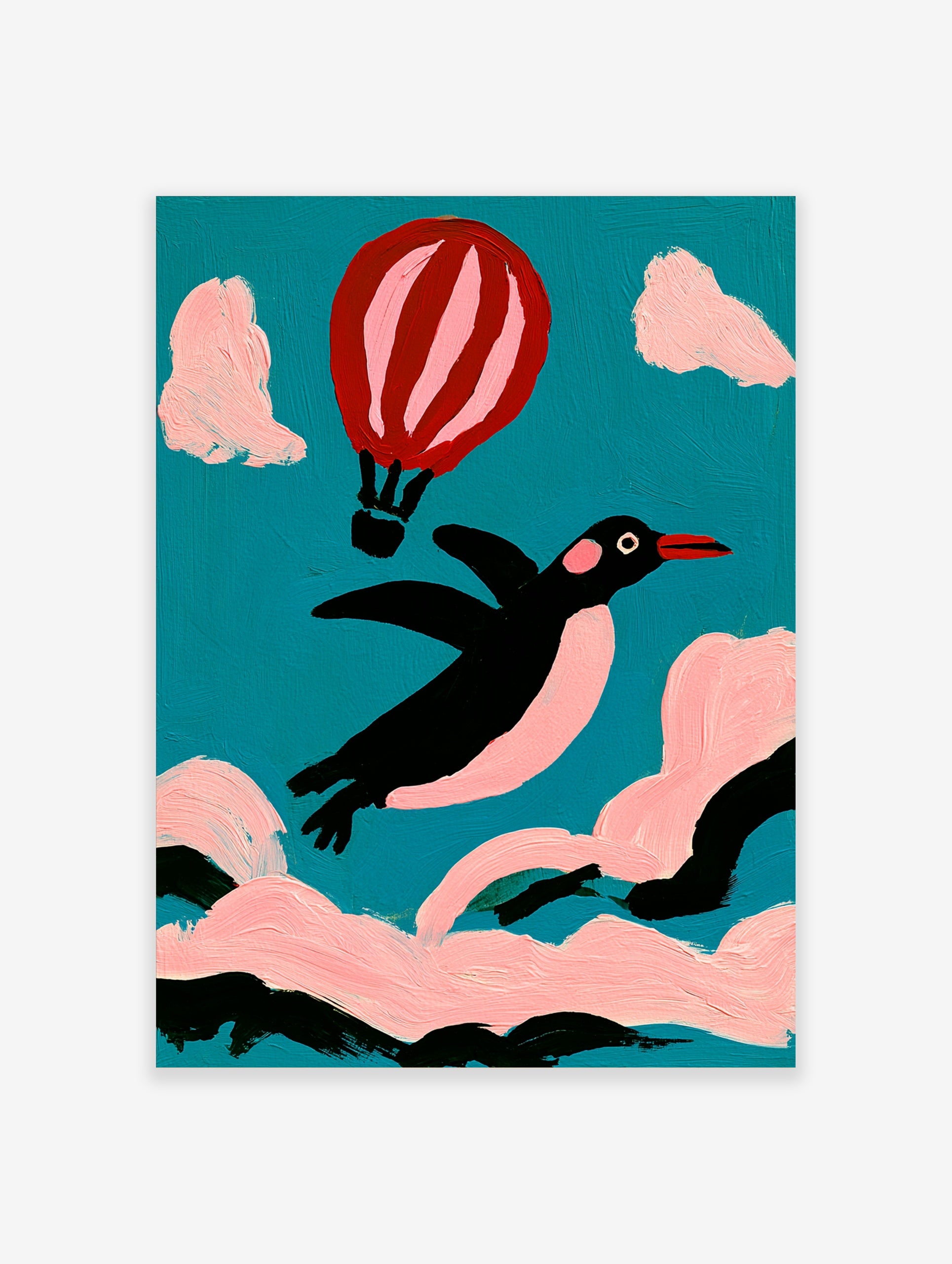 Whimsical illustration of a black penguin flying with a pink hot air balloon against a teal sky and pink clouds
