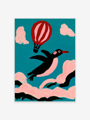 Whimsical illustration of a black penguin flying with a pink hot air balloon against a teal sky and pink clouds